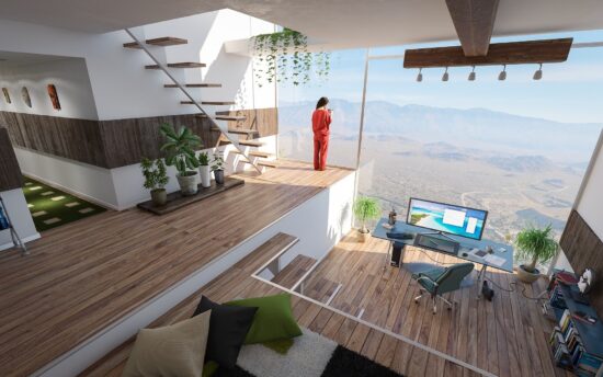 Woman looking out of a picture window in an exclusive apartment home office with a mountain view